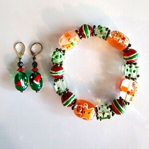 Vintage Christmas Holiday Gingerbread Bracelet and Santa Hat Earrings